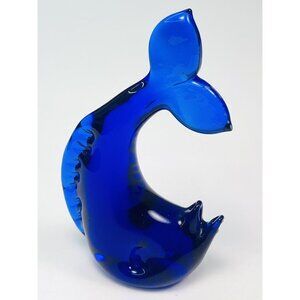 VTG 4.5" Cobalt Blue Handblown Art Glass WHALE Dolphin Fish PAPERWEIGHT Beach